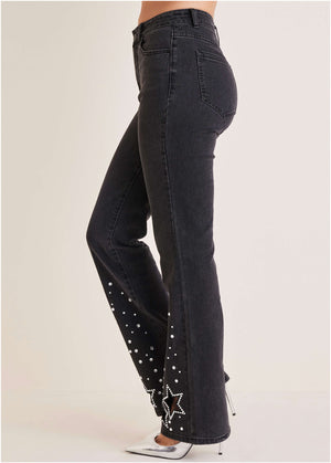 Rhinestone Embellished Jeans - Black Wash - thumbnail-4