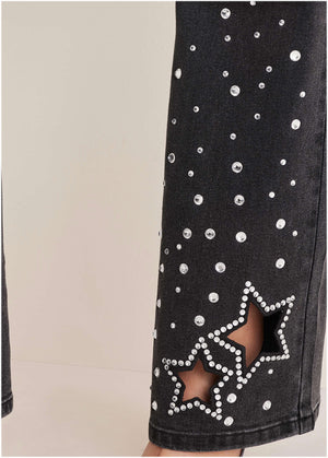 Rhinestone Embellished Jeans - Black Wash - thumbnail-5