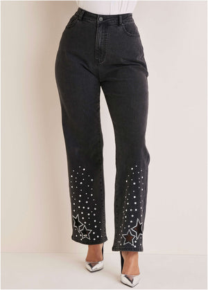 Rhinestone Embellished Jeans - Black Wash - thumbnail-8