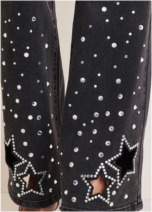 Rhinestone Embellished Jeans - Black Wash - thumbnail-11