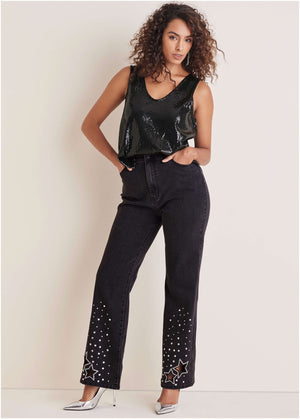 Rhinestone Embellished Jeans - Black Wash - thumbnail-12