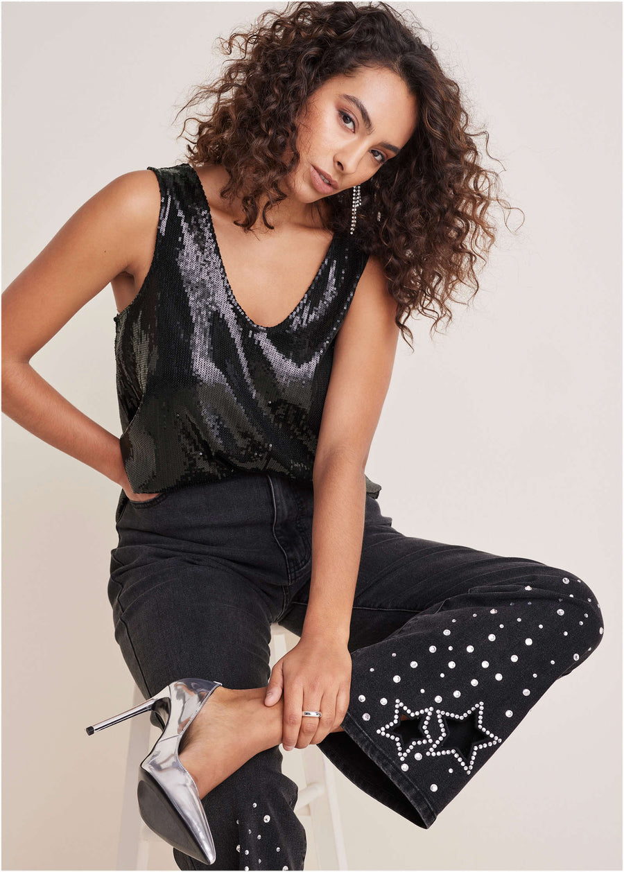 Rhinestone Embellished Jeans - Black Wash