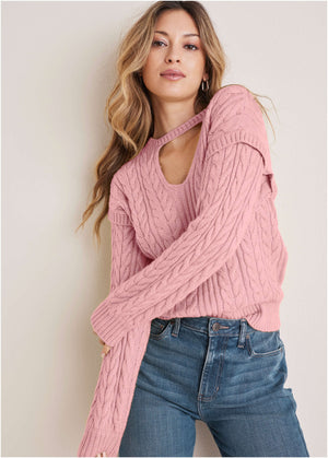 Cable Knit Cut-Out Sweater - Bleached Mauve - thumbnail-1