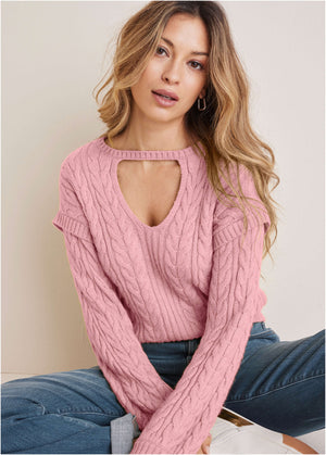 Cable Knit Cut-Out Sweater - Bleached Mauve - thumbnail-3