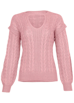 Cable Knit Cut-Out Sweater - Bleached Mauve - thumbnail-5