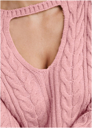 Cable Knit Cut-Out Sweater - Bleached Mauve - thumbnail-4