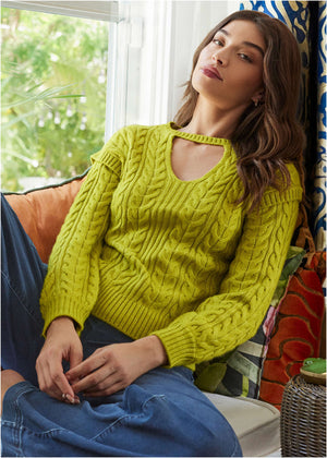 Cable Knit Cut-Out Sweater - Lentil Sprout - thumbnail-1