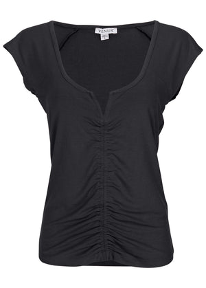 Ruched Cap Sleeve Top - Black - thumbnail-3